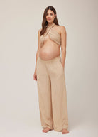 the maternity wide leg high waist band with elastic and pockets in sand gauze