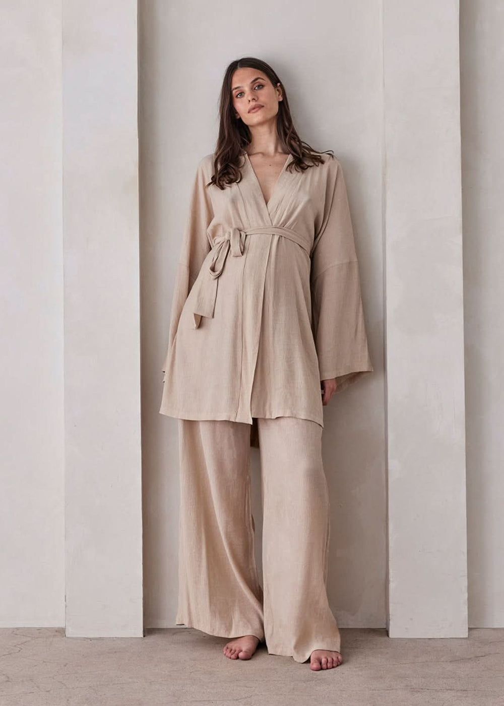 the maternity wide leg high waist pant in sand gauze