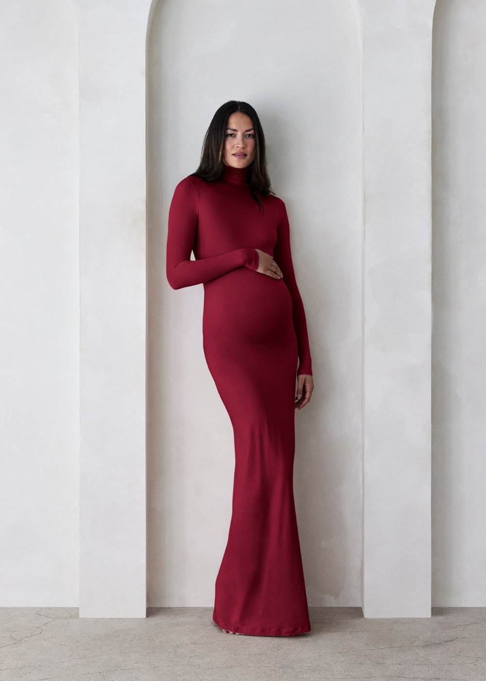 the monica turtleneck long sleeve maxi dress with side slit in burgundy