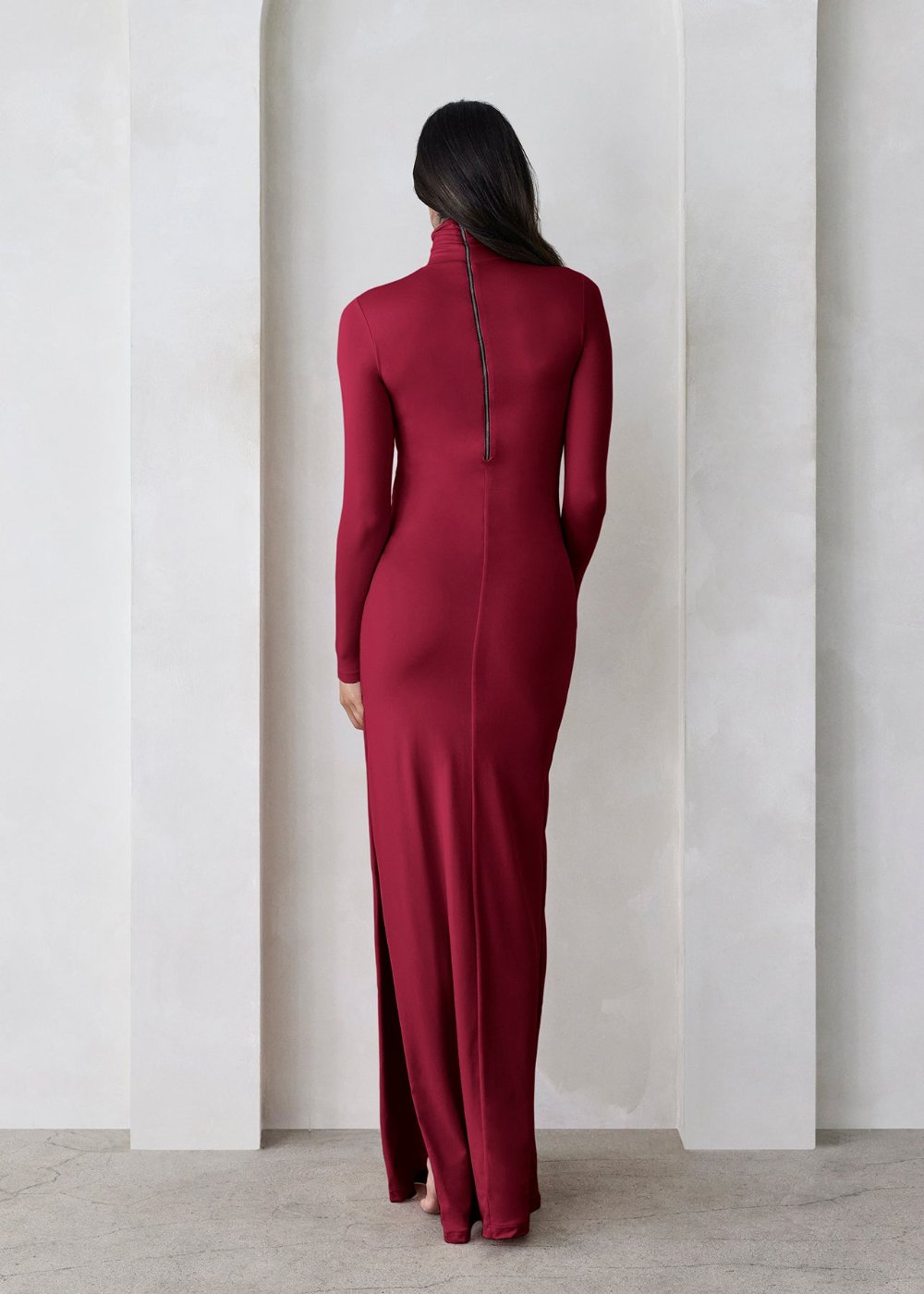 the monica turtleneck long sleeve maxi dress with side slit in burgundy