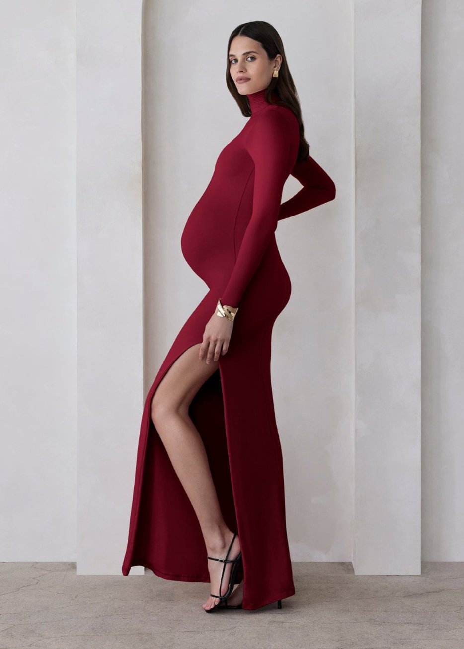 the monica turtleneck long sleeve maxi dress with side slit in burgundy