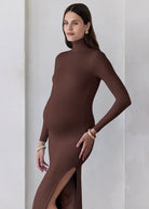 the monica maternity turtleneck long sleeve maxi dress in chocolate