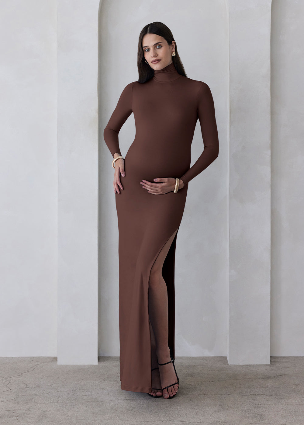 the monica maternity turtleneck long sleeve maxi dress in chocolate