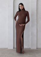 the monica maternity turtleneck long sleeve maxi dress in chocolate