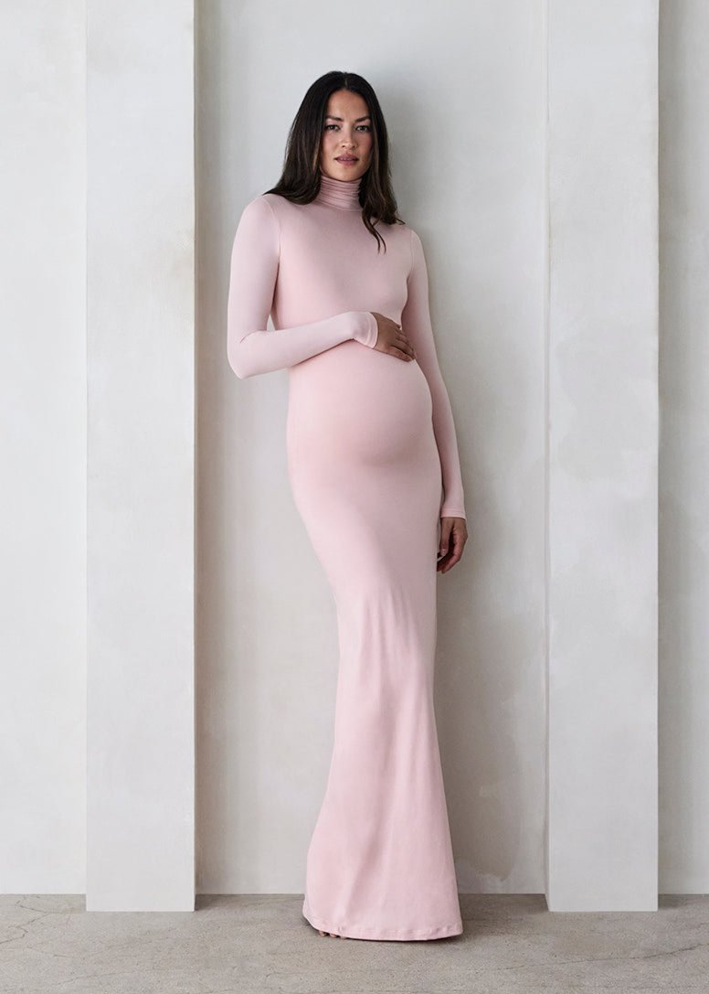 Bumpsuit Maternity The Monica Turtleneck Longsleeve Maxi Dress with slit in Dusty Pink