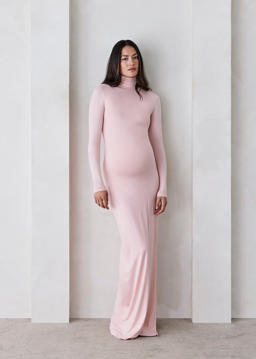 Bumpsuit Maternity The Monica Turtleneck Longsleeve Maxi Dress with slit in Dusty Pink