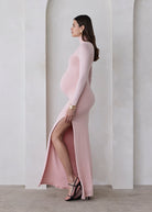 Bumpsuit Maternity The Monica Turtleneck Longsleeve Maxi Dress with slit in Dusty Pink