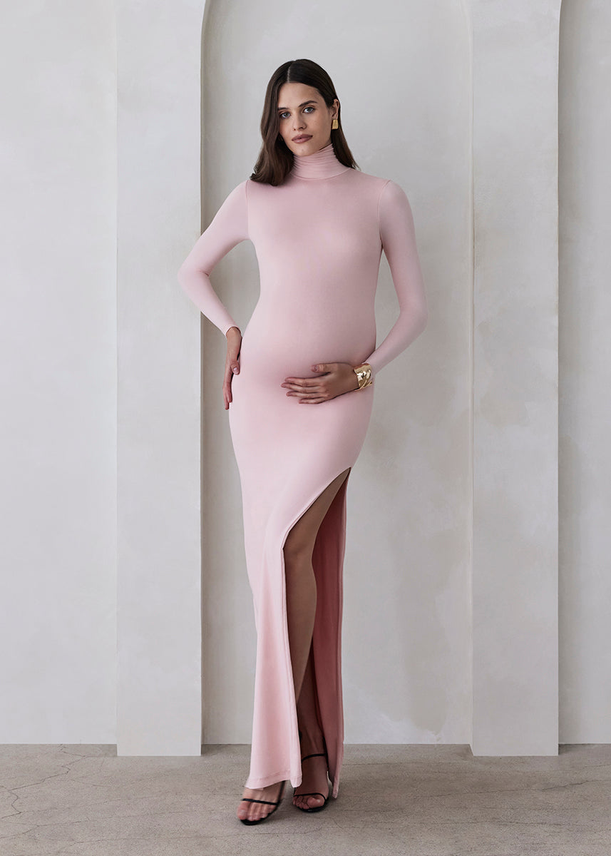 Bumpsuit Maternity The Monica Turtleneck Longsleeve Maxi Dress with slit in Dusty Pink