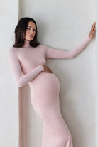 Bumpsuit Maternity The Monica Turtleneck Longsleeve Maxi Dress with slit in Dusty Pink