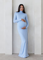 Bumpsuit Maternity The monica Turtleneck Long sleeve Dress with side slit in powder blue