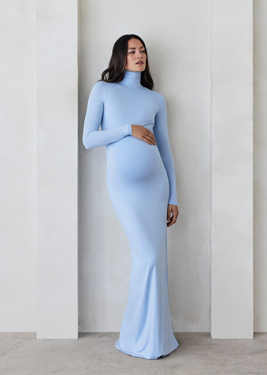 Bumpsuit Maternity The monica Turtleneck Long sleeve Dress with side slit in powder blue