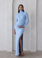 Bumpsuit Maternity The monica Turtleneck Long sleeve Dress with side slit in powder blue