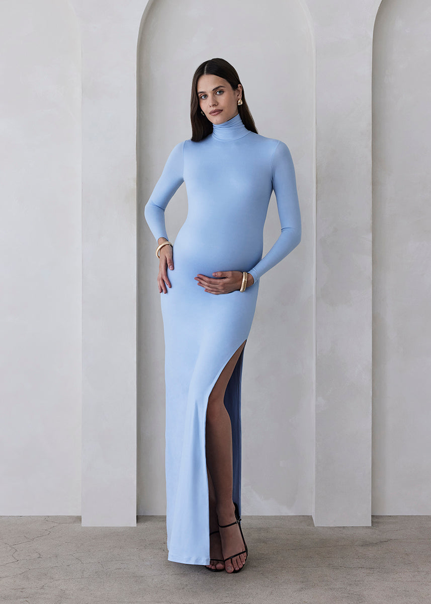 Bumpsuit Maternity The monica Turtleneck Long sleeve Dress with side slit in powder blue