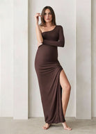 Bumpsuit Maternity The One Shoulder Evening Dress with side slit in chocolate