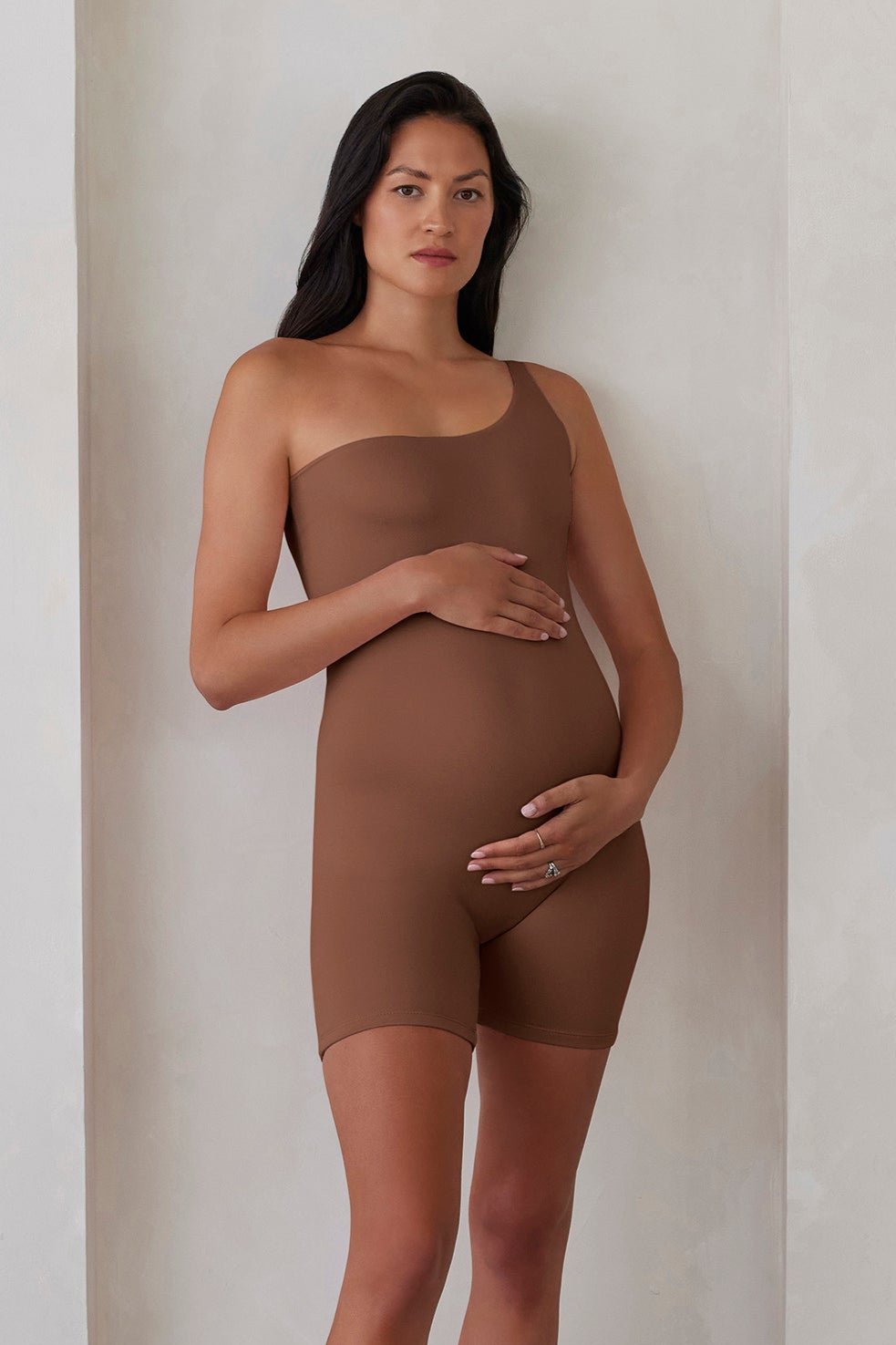 Bumpsuit Maternity The Romee One Shoulder Romper in Mocha