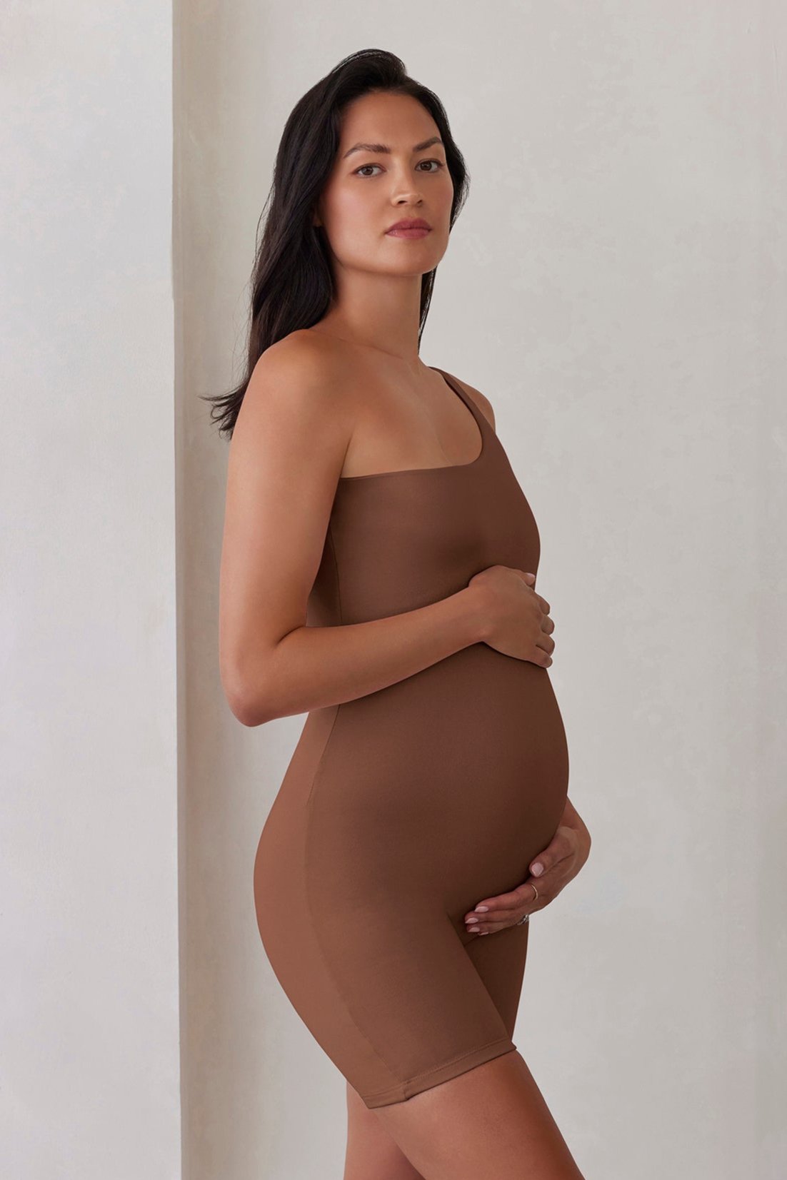 Bumpsuit Maternity The Romee One Shoulder Romper in Mocha