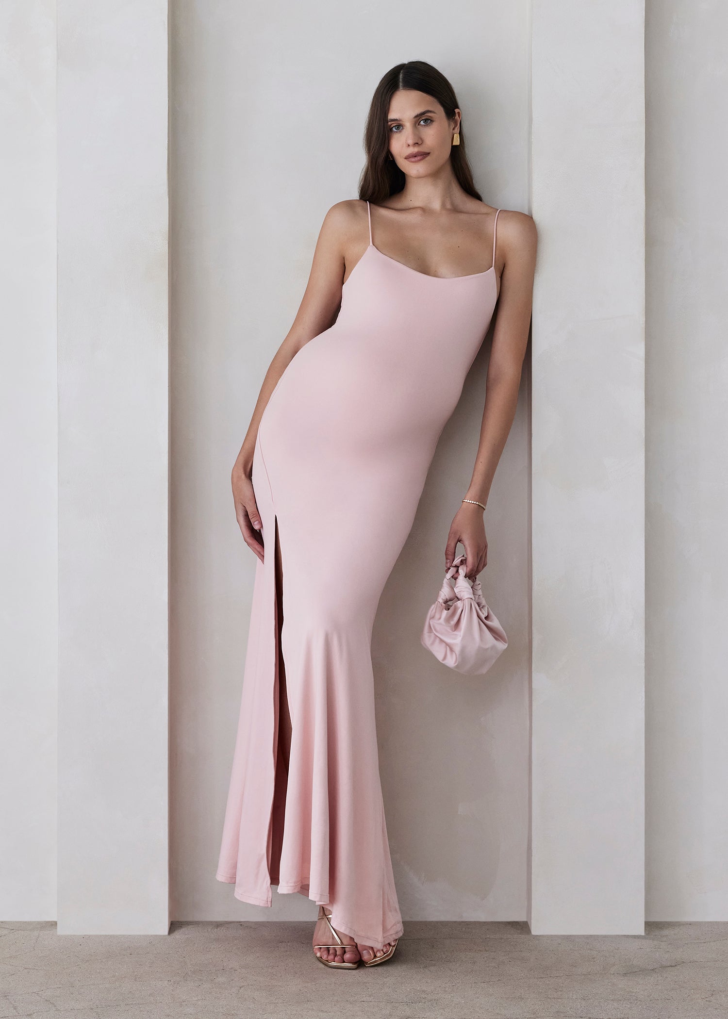 Bumpsuit Maternity The Rosie Square Neck Sleeveless Maxi Dress with side slit in dusty pink