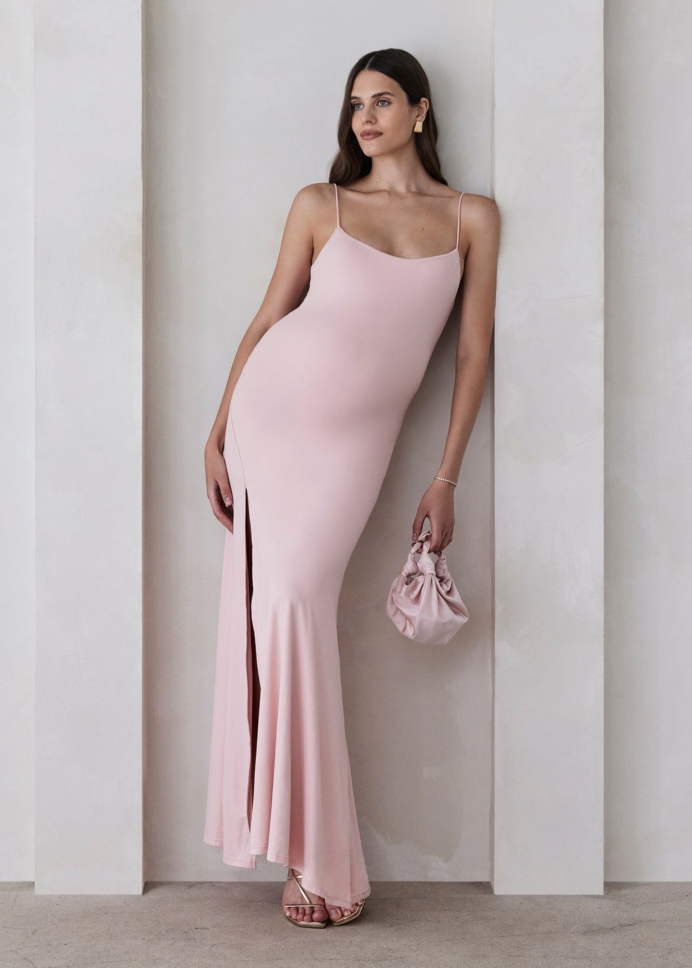 Bumpsuit Maternity The Rosie Square Neck Sleeveless Maxi Dress with side slit in dusty pink