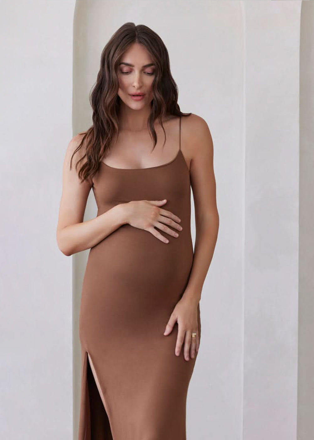 bumpsuit maternity the rosie square neck spaghetti strap maxi dress in mocha