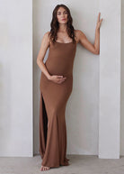 bumpsuit maternity the rosie square neck spaghetti strap maxi dress in mocha