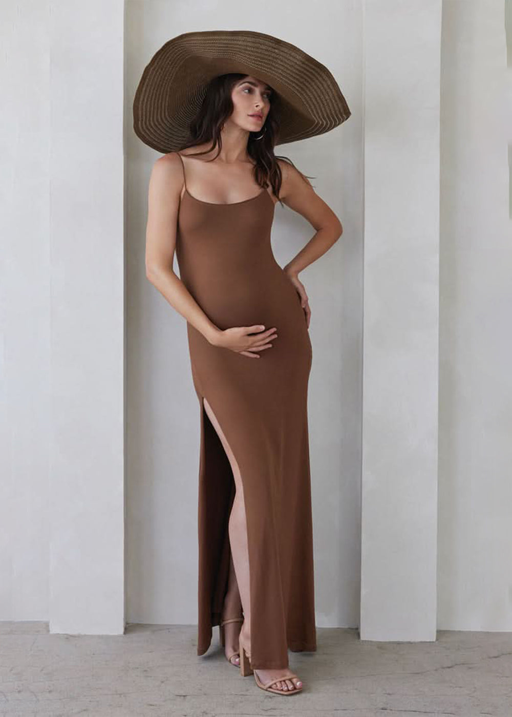 bumpsuit maternity the rosie square neck spaghetti strap maxi dress in mocha