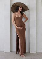 bumpsuit maternity the rosie square neck spaghetti strap maxi dress in mocha