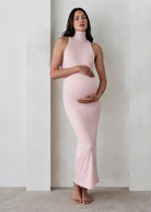 the serena turtleneck sleeveless maternity maxi dress in dusty pink