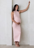 the serena turtleneck sleeveless maternity maxi dress in dusty pink