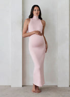 the serena turtleneck sleeveless maternity maxi dress in dusty pink