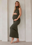 the serena turtleneck sleeveless maternity maxi dress in olive