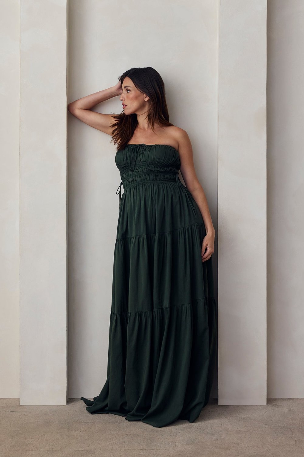 the shirred strapless gown in forest green