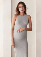 Bumpsuit Maternity Soft Rib Boat Neck Midi Dress in Heather Grey