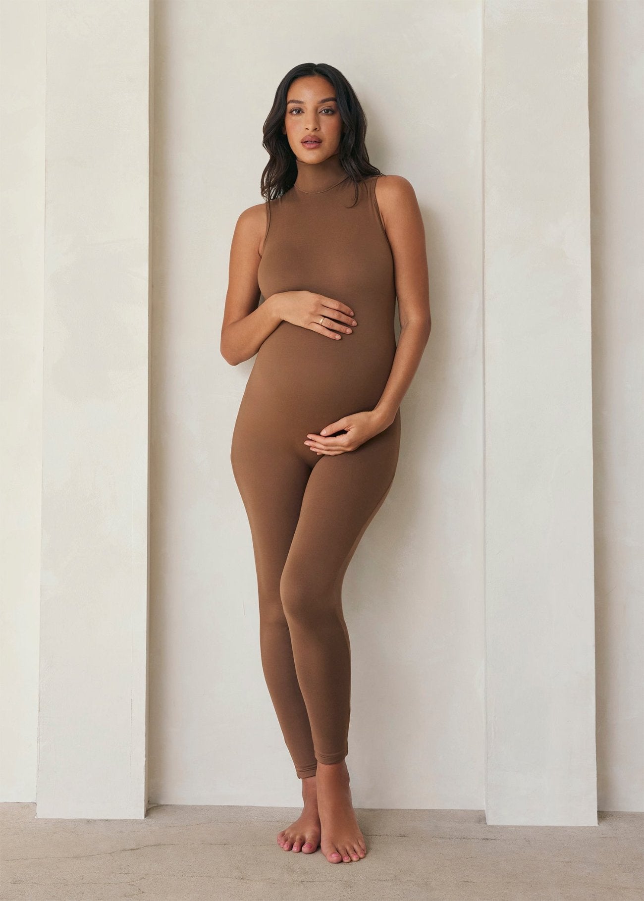 the stevie maternity turtleneck unitard in mocha bumpsuit