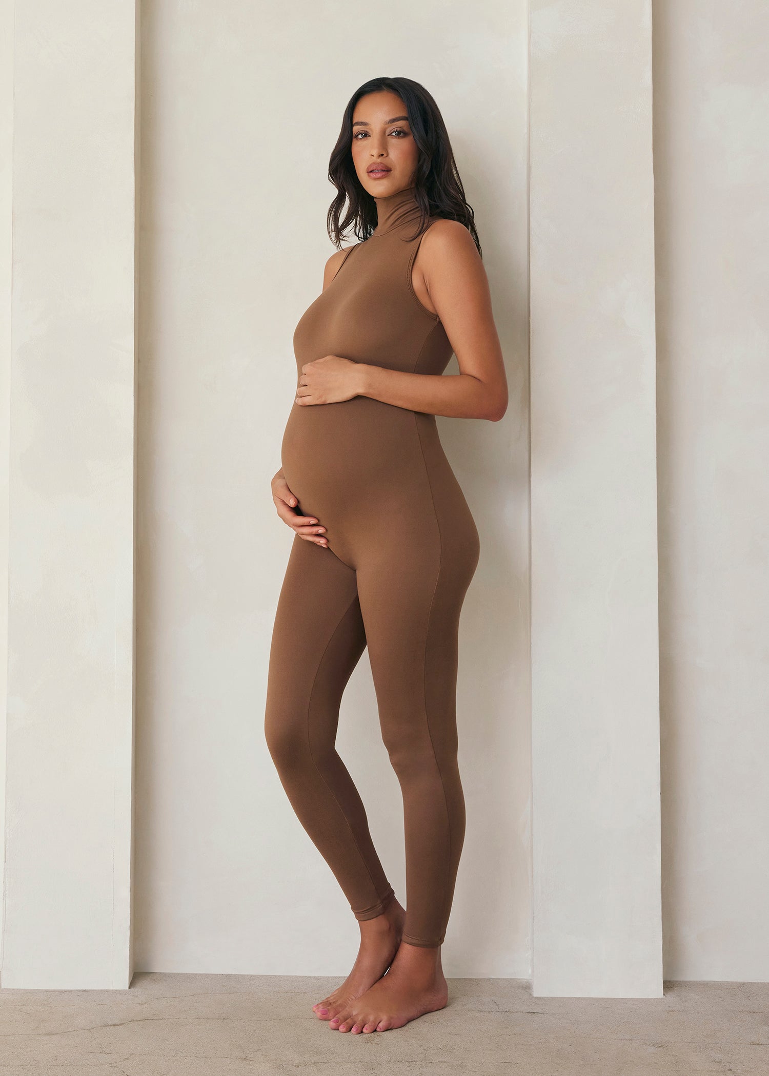 the stevie maternity turtleneck unitard in mocha bumpsuit