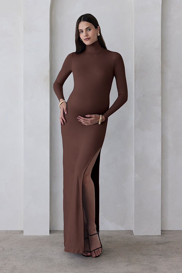 the monica turtleneck long sleeve maxi dress with side slit in chocolate