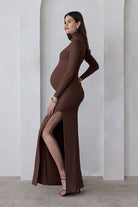 the monica turtleneck long sleeve maxi dress with side slit in chocolate