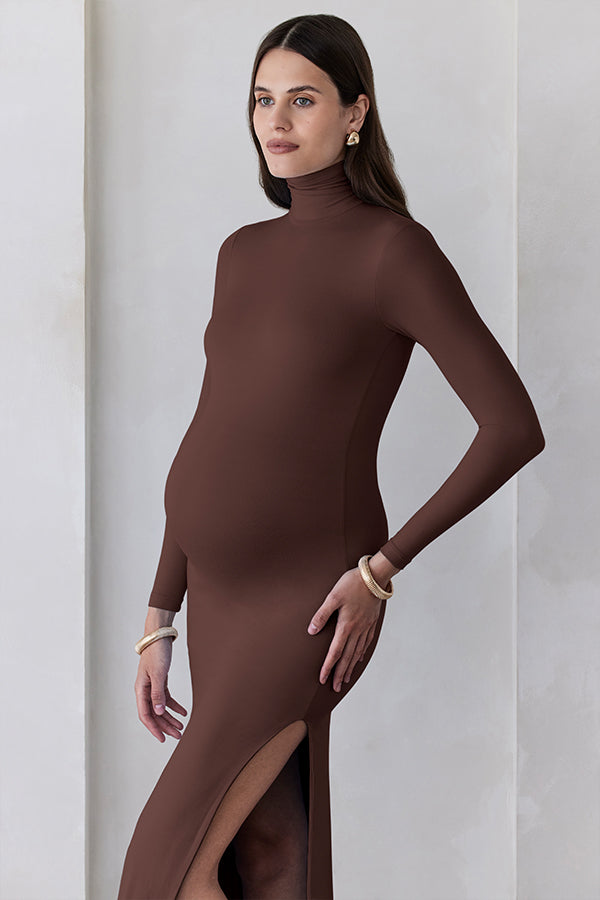 the monica turtleneck long sleeve maxi dress with side slit in chocolate