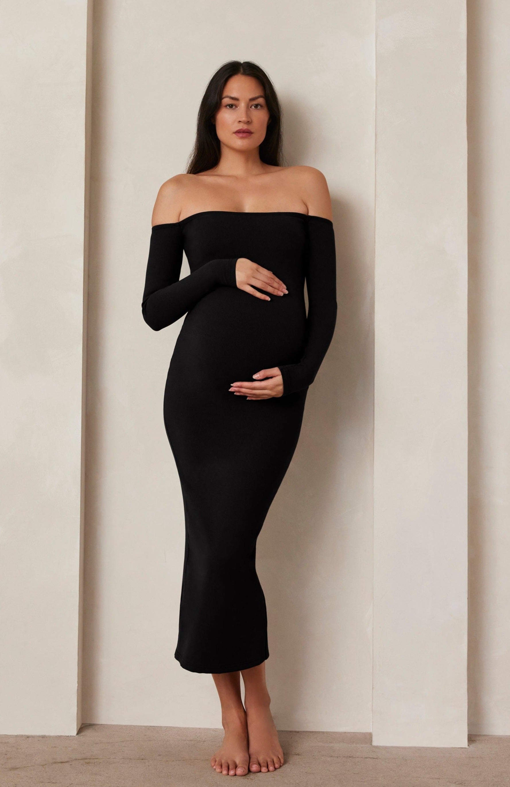 Ripe Maternity Off Shoulder Black Bodycon Maternity Dress | Like New - Size  X-Small